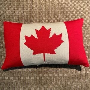 Canadian flag pillow. Cotton knit front, woven linen backing. Feather insert